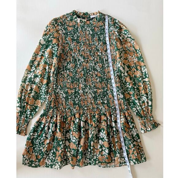 Ramy Brook NWT Lucia Green Floral Smocked Stretch Puff Sleeve Mini Dress Medium - Picture 11 of 14